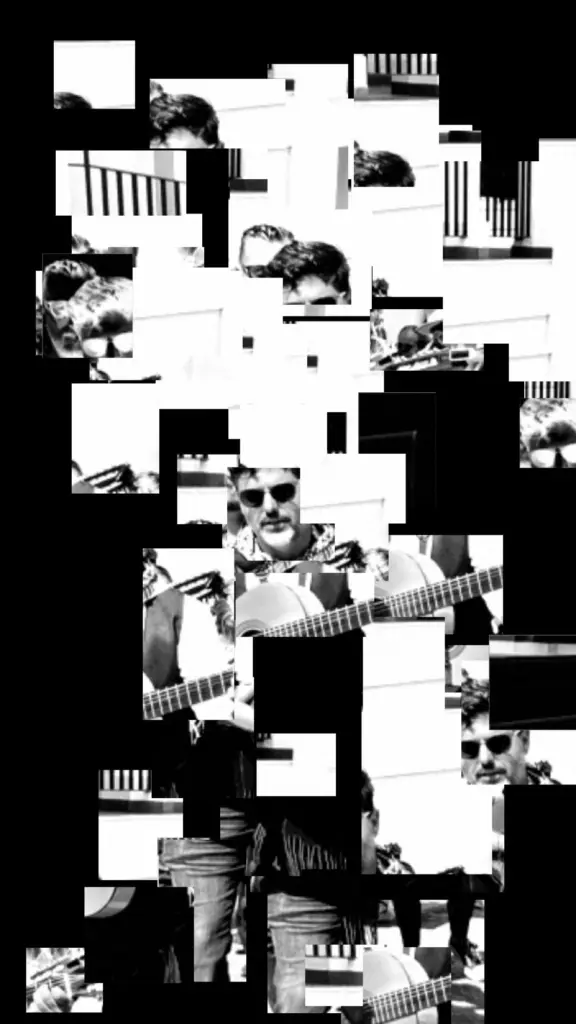 Fragmented black-and-white portrait of a young guitarist at Noche del Vino